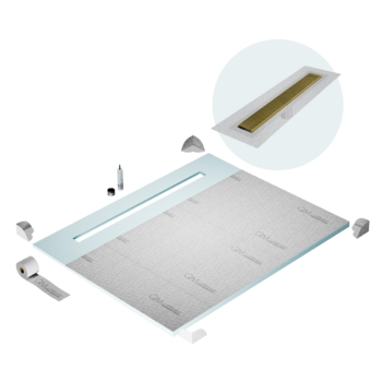 QM Shower Pan Curbless Kit 80" with a 58" Wedgewire Linear Drain Flange Edge in Gold