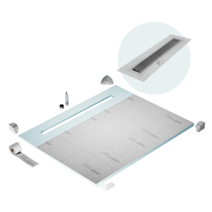 QM Shower Pan Curbless Kit 80″ with a 58″ Wedgewire Linear Drain Flange Edge in Satin
