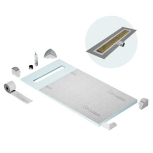 QM Shower Pan Curbless Kit 32″ with a 24″ Wedgewire Linear Drain Flange Edge Side Outlet in Gold