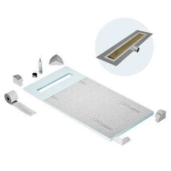 QM Shower Pan Curbless Kit 32" with a 24" Wedgewire Linear Drain Flange Edge Side Outlet in Gold