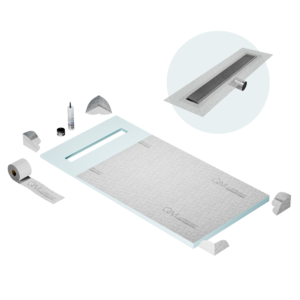 QM Shower Pan Curbless Kit 32″ with a 24″ Wedgewire Linear Drain Flange Edge Side Outlet in Satin
