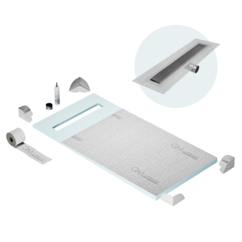 QM Shower Pan Curbless Kit 32" with a 24" Wedgewire Linear Drain Flange Edge Side Outlet in Satin