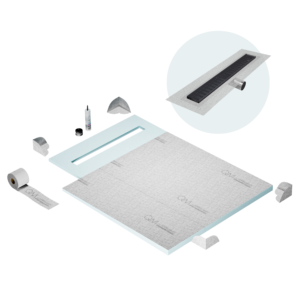 QM Shower Pan Curbless Kit 40″ with a 32″ Wedgewire Linear Drain Flange Edge Side Outlet in Black