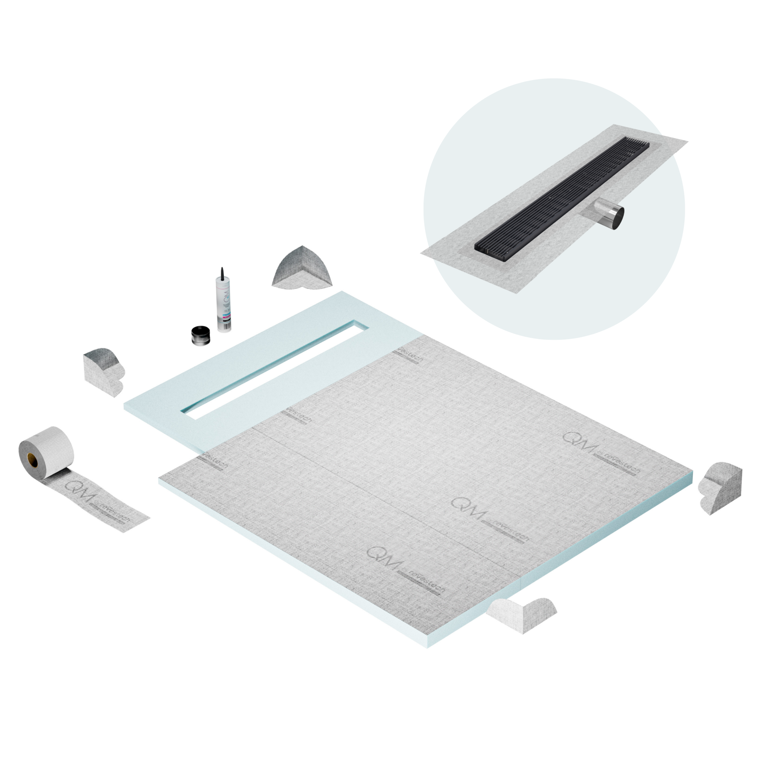 QM Shower Pan Curbless Kit 40" with a 32" Wedgewire Linear Drain Flange Edge Side Outlet in Black