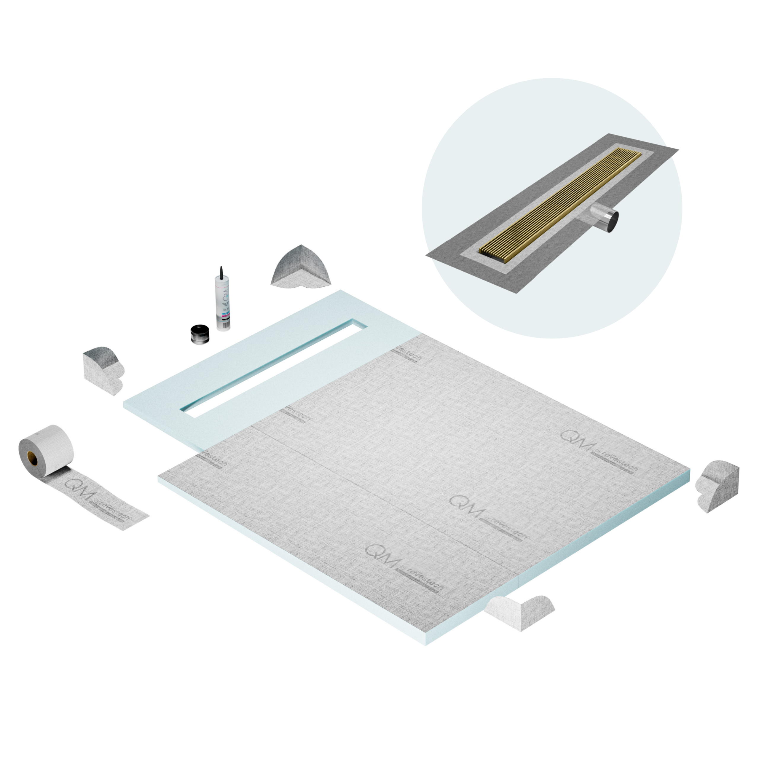 QM Shower Pan Curbless Kit 40" with a 32" Wedgewire Linear Drain Flange Edge Side Outlet in Gold