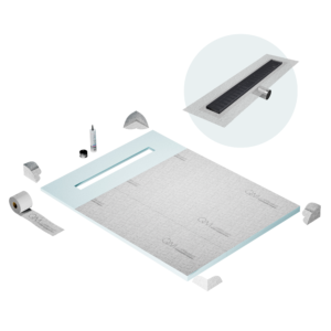 QM Shower Pan Curbless Kit 48″ with a 36″ Wedgewire Linear Drain Flange Edge Side Outlet in Black