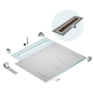 QM Shower Pan Curbless Kit 56″ with a 48″ Wedgewire Linear Drain Flange Edge Side Outlet in Bronze