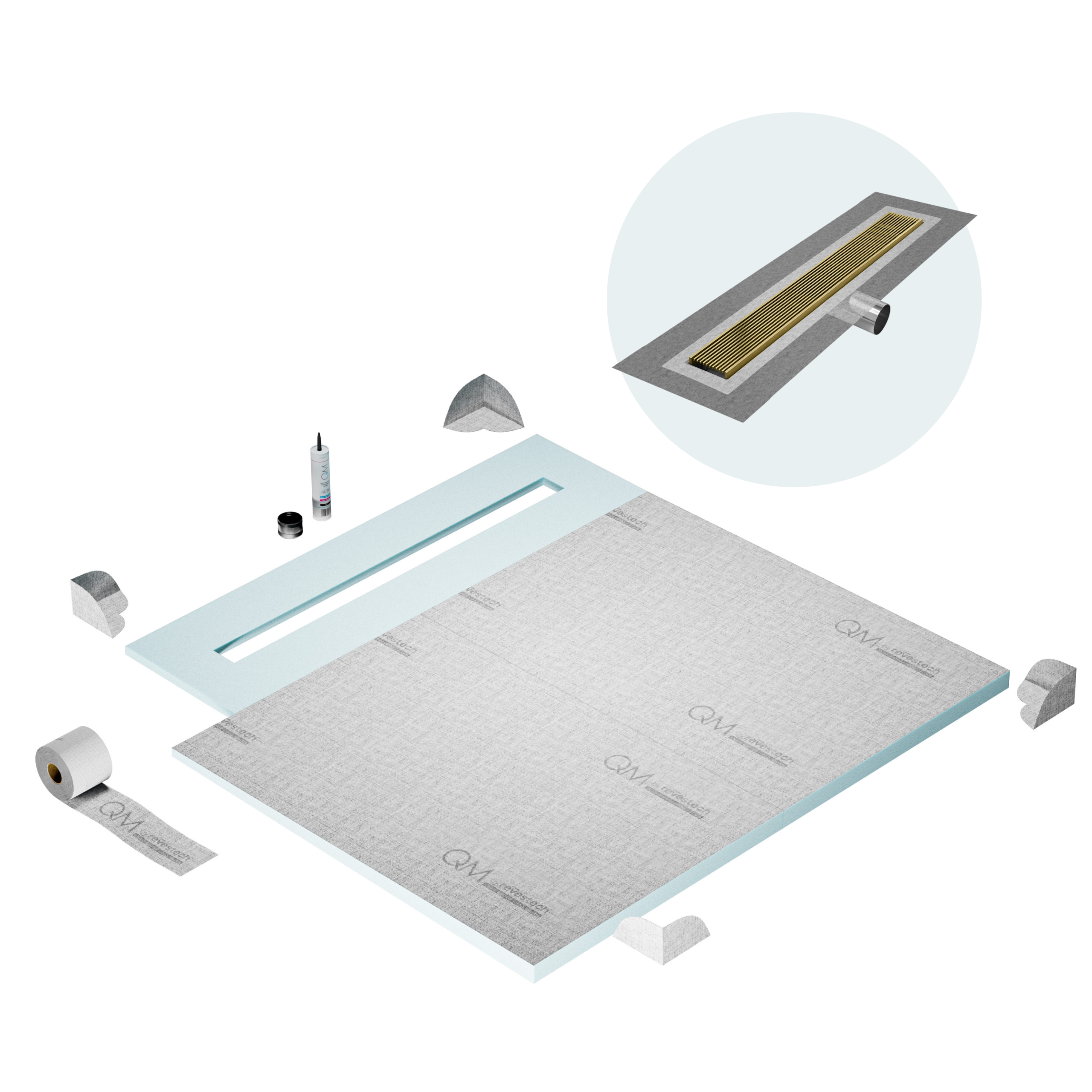 QM Shower Pan Curbless Kit 56" with a 48" Wedgewire Linear Drain Flange Edge Side Outlet in Gold