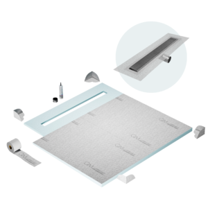 QM Shower Pan Curbless Kit 56″ with a 48″ Wedgewire Linear Drain Flange Edge Side Outlet in Satin