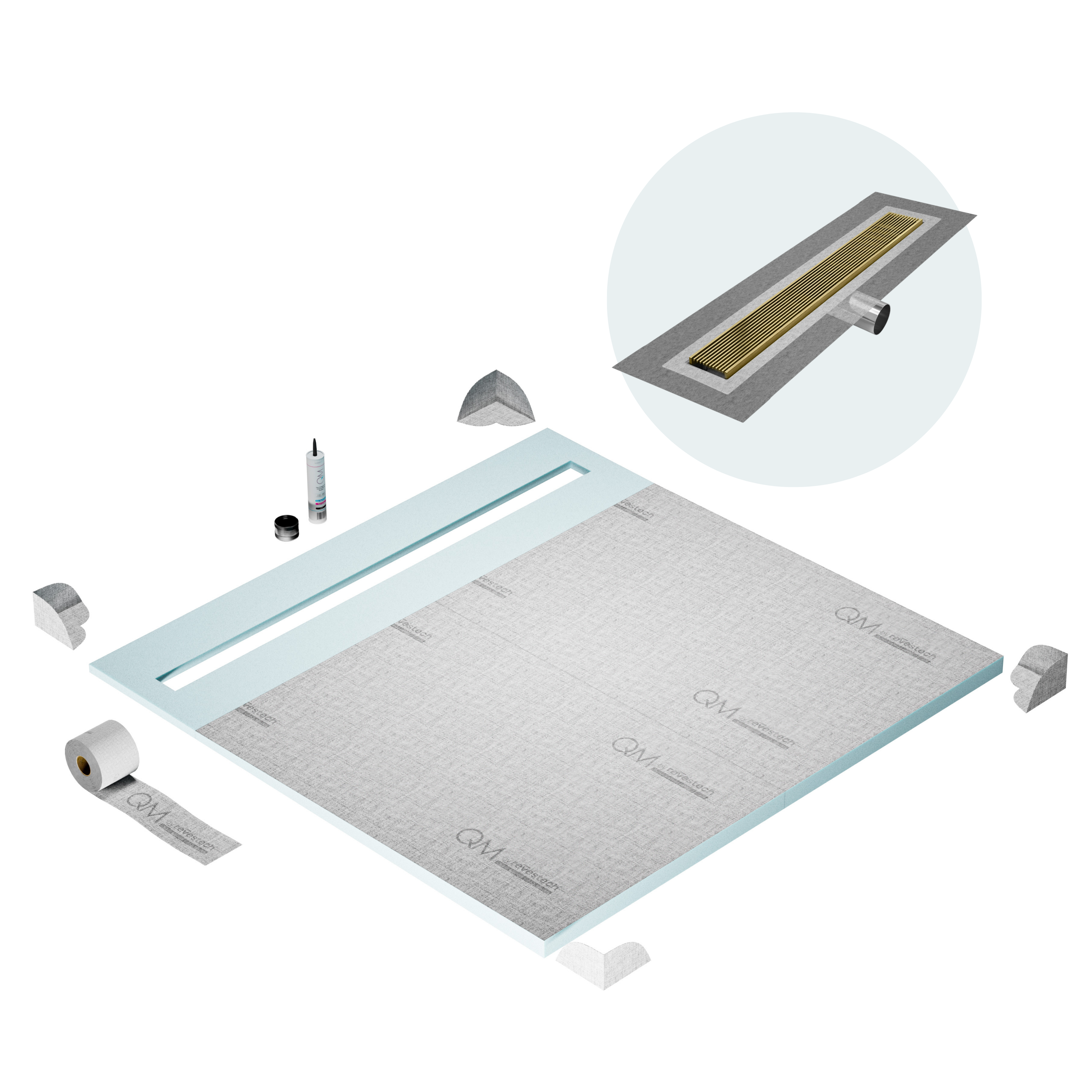 QM Shower Pan Curbless Kit 64" with a 58" Wedgewire Linear Drain Flange Edge Side Outlet in Gold