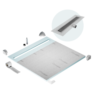 QM Shower Pan Curbless Kit 64″ with a 58″ Wedgewire Linear Drain Flange Edge Side Outlet in Satin