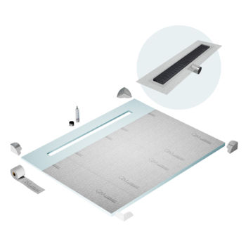 QM Shower Pan Curbless Kit 80" with a 58" Wedgewire Linear Drain Flange Edge Side Outlet in Black
