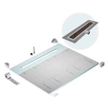 QM Shower Pan Curbless Kit 80" with a 58" Wedgewire Linear Drain Flange Edge Side Outlet in Bronze