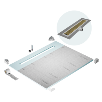 QM Shower Pan Curbless Kit 80" with a 58" Wedgewire Linear Drain Flange Edge Side Outlet in Gold