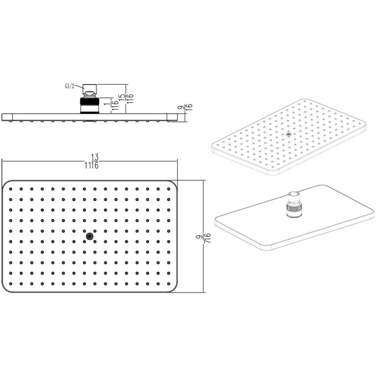 Dawn® Single Function Rectangle Rain Showerhead, Brushed Nickel - Image 2