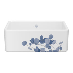 Shaws Shaker™ 30″ Single Bowl Farmhouse Apron Front Fireclay Kitchen Sink With Eucalyptus Design In Eucalyptus Blue/Silver