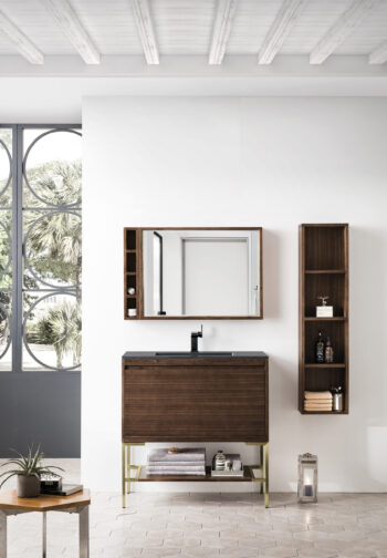 Mantova 35.4" Single Vanity, Mid-Century Walnut, Champagne Brass Base w/ Charcoal Black Composite Stone Top - Image 2