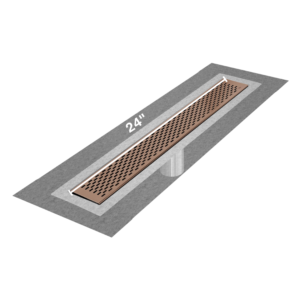 QM Delmar Series. 24″ Standard length Flange Edge linear drain.  Delta Line. Bronze