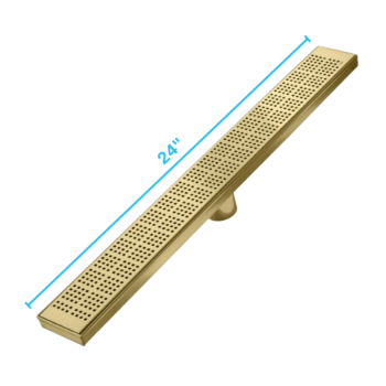 QM Delmar Series. 24" Standard length Plain Edge linear drain.  Kai Line. Gold