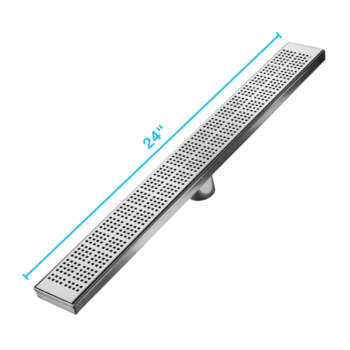 QM Delmar Series. 24" Standard length Plain Edge linear drain.  Kai Line. Polished