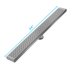 QM Delmar Series. 24″ Standard length Plain Edge linear drain.  Lotus Line. Satin