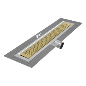 QM Delmar Series. 24″ Standard length Side Outlet linear drain.  Kai Line. Gold