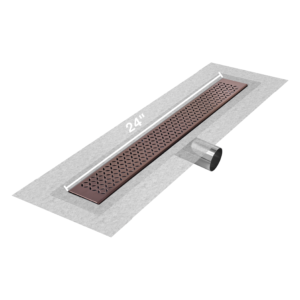 QM Delmar Series. 24″ Standard length Side Outlet linear drain. Lotus Line. Bronze