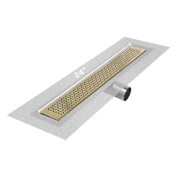 QM Delmar Series. 24" Standard length Side Outlet linear drain. Lotus Line. Gold