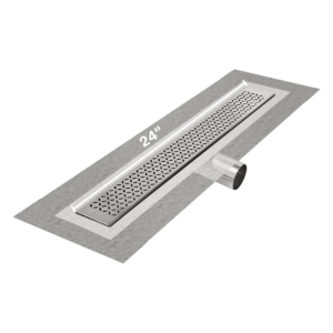 QM Delmar Series. 24″ Standard length Side Outlet linear drain.  Lotus Line. Polished
