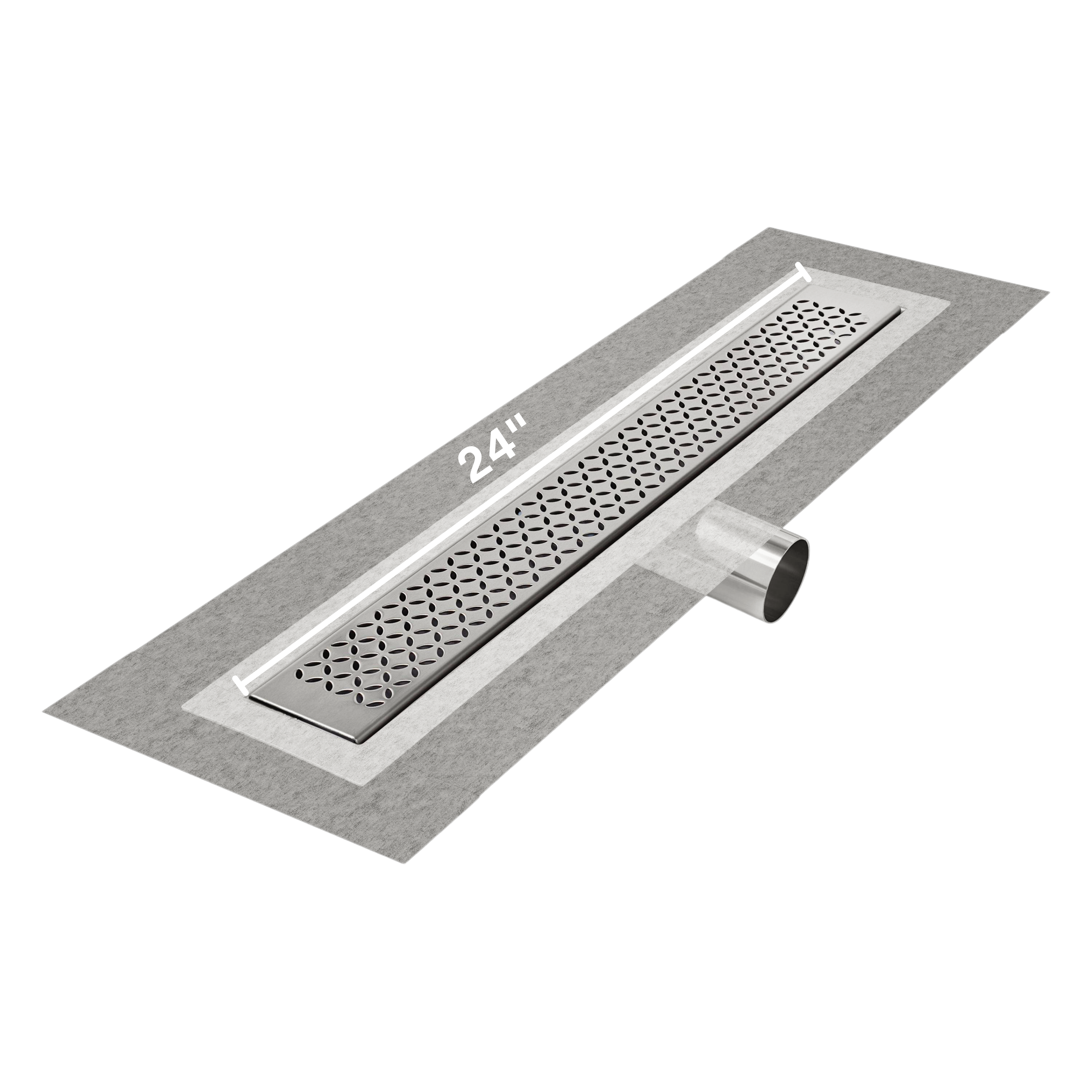 QM Delmar Series. 24" Standard length Side Outlet linear drain.  Lotus Line. Polished