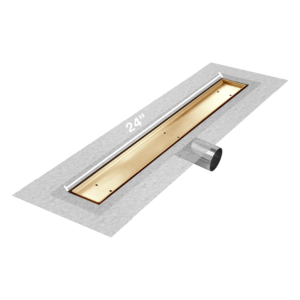 QM Delmar Series. 24″ Standard length Side Outlet linear drain. Mist (Tile-in) Line. Gold