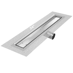 QM Delmar Series. 24″ Standard length Side Outlet linear drain. Mist (Tile-in) Line. Satin