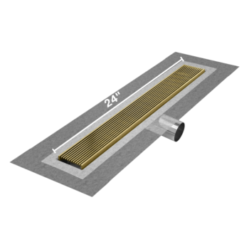 QM Delmar Series. 24" Standard length Side Outlet linear drain.  Wedgewire Line. Gold