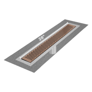 QM Delmar Series. 28″ Standard length Flange Edge linear drain.  Delta Line. Bronze
