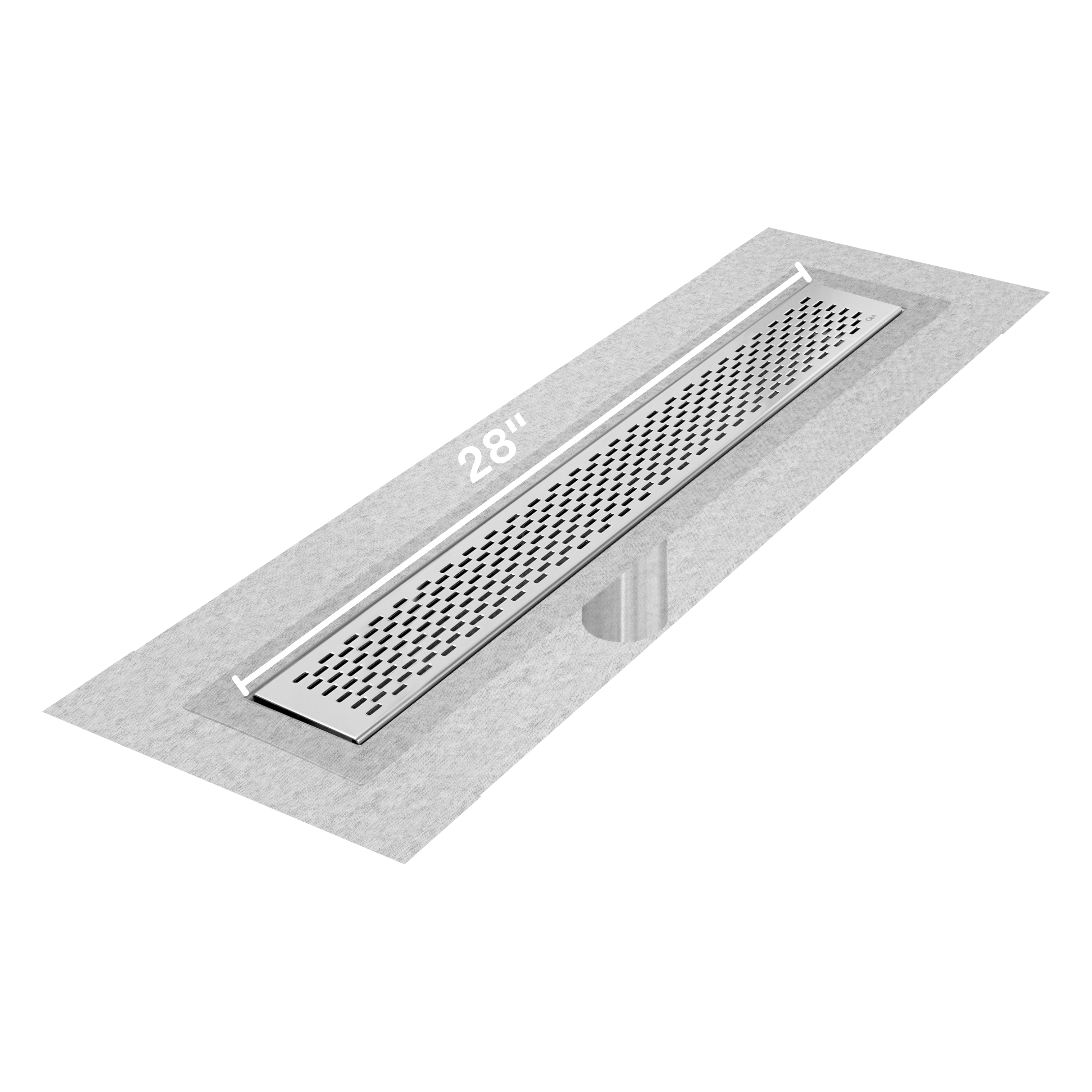QM Delmar Series. 28" Standard length Flange Edge linear drain. Delta Line. Polished