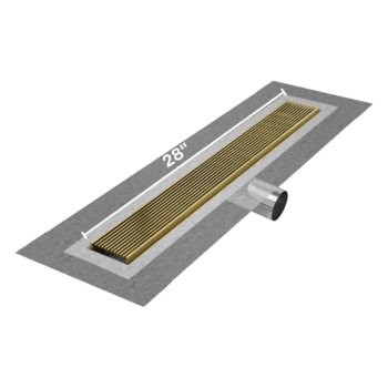 QM Delmar Series. 28" Standard length Side Outlet linear drain.  Wedgewire Line. Gold