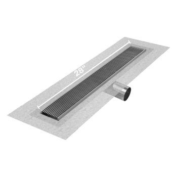 QM Delmar Series. 28" Standard length Side Outlet linear drain. Wedgewire Line. Satin