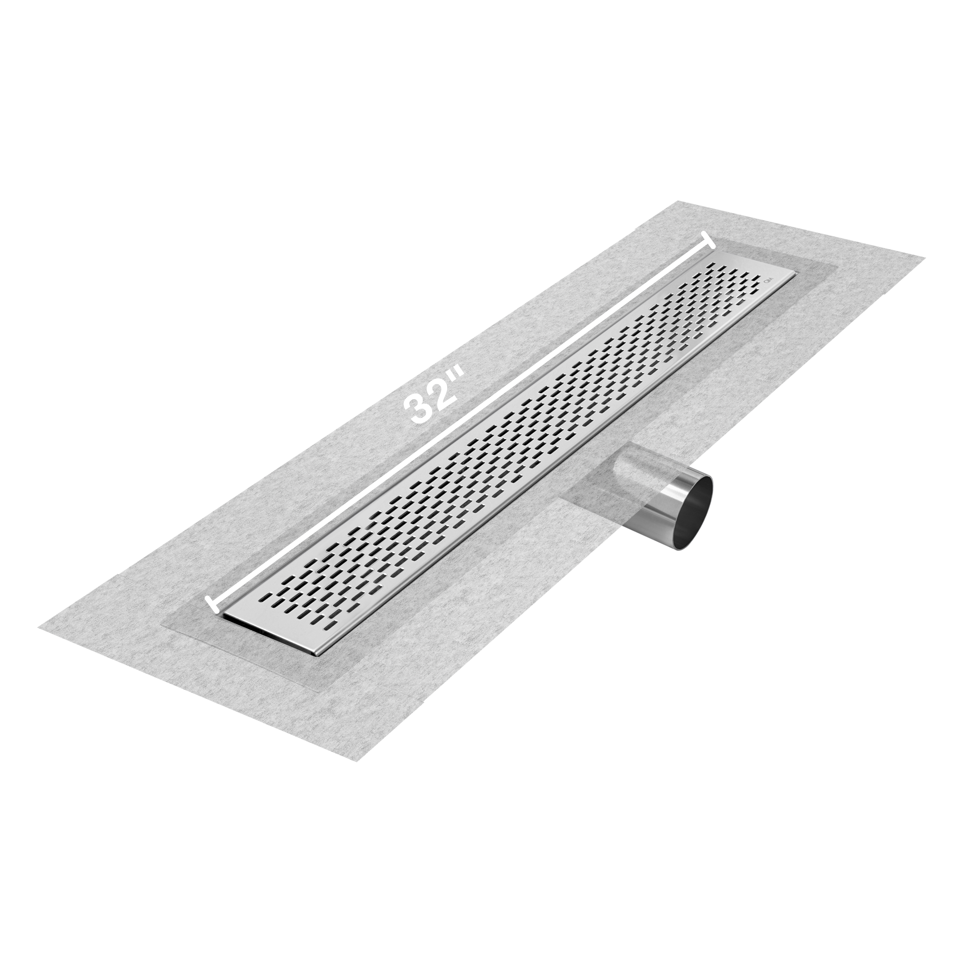 QM Delmar Series. 32" Standard length Side Outlet linear drain. Delta Line. Polished