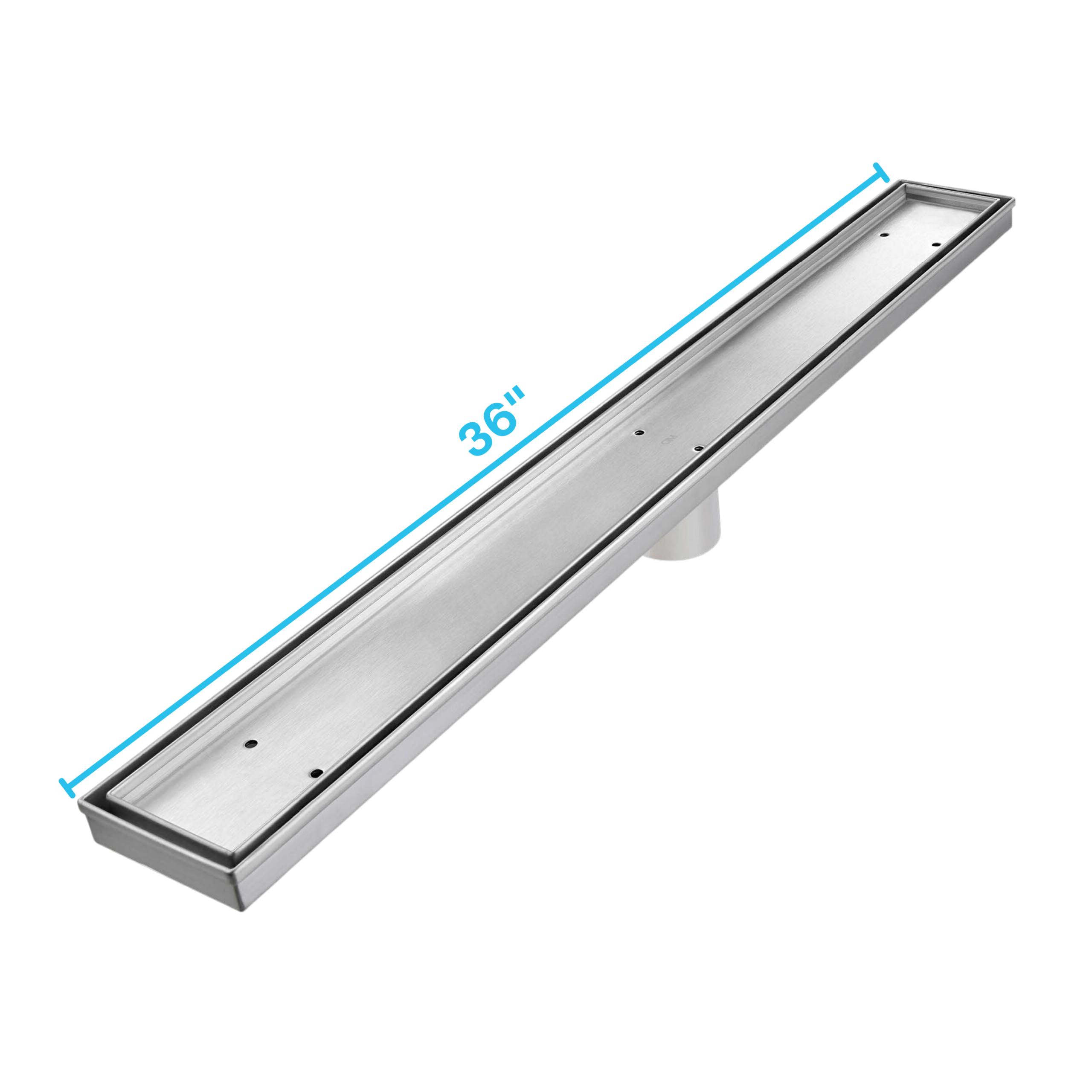 QM Delmar Series. 36" Standard length Plain Edge linear drain. Mist (Tile-in) Line. Satin
