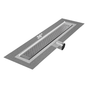 QM Delmar Series. 36″ Standard length Side Outlet linear drain.  Lotus Line. Satin