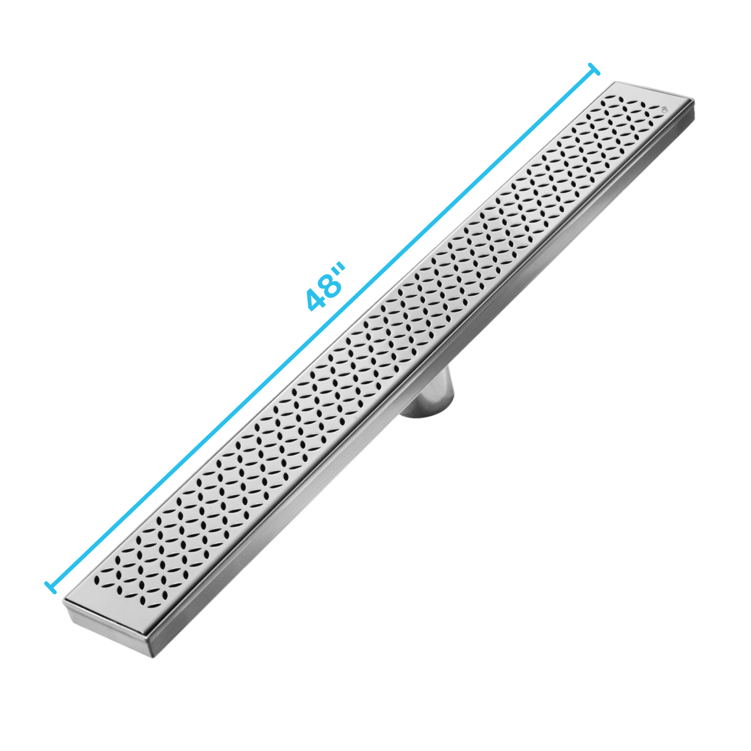 QM Delmar Series. 48" Standard length Plain Edge linear drain. Lotus Line. Polished