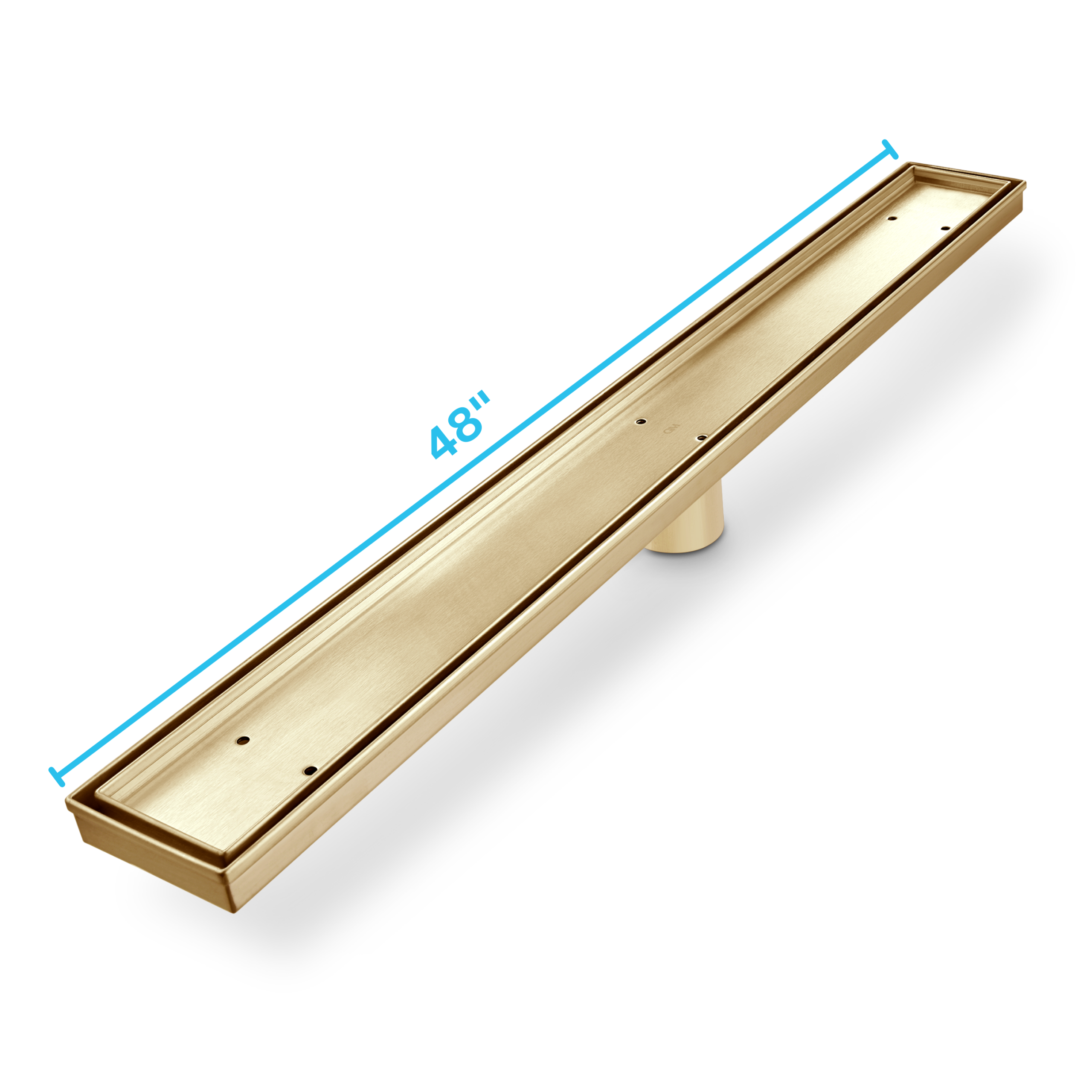 QM Delmar Series. 48" Standard length Plain Edge linear drain. Mist (Tile-in) Line. Gold