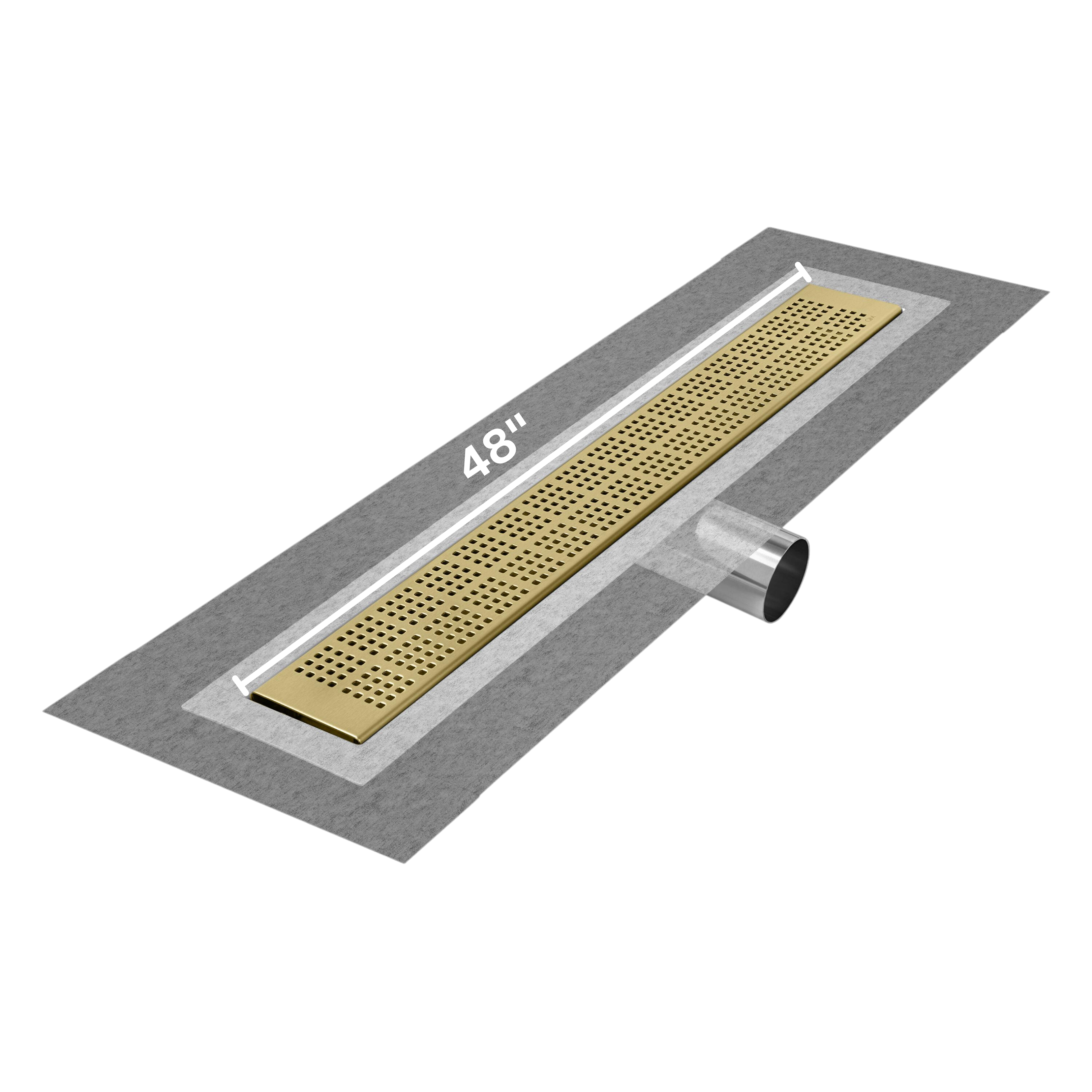 QM Delmar Series. 48" Standard length Side Outlet linear drain.  Kai Line. Gold