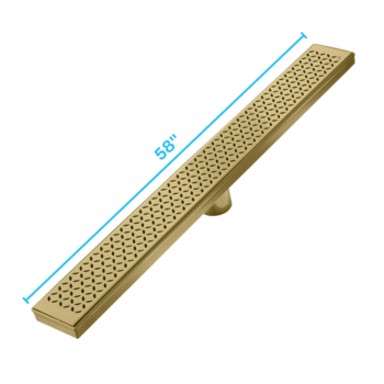 QM Delmar Series. 58" Standard length Plain Edge linear drain. Lotus Line. Gold