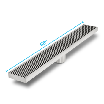 QM Delmar Series. 58" Standard length Plain Edge linear drain. Wedgewire Line. Polished