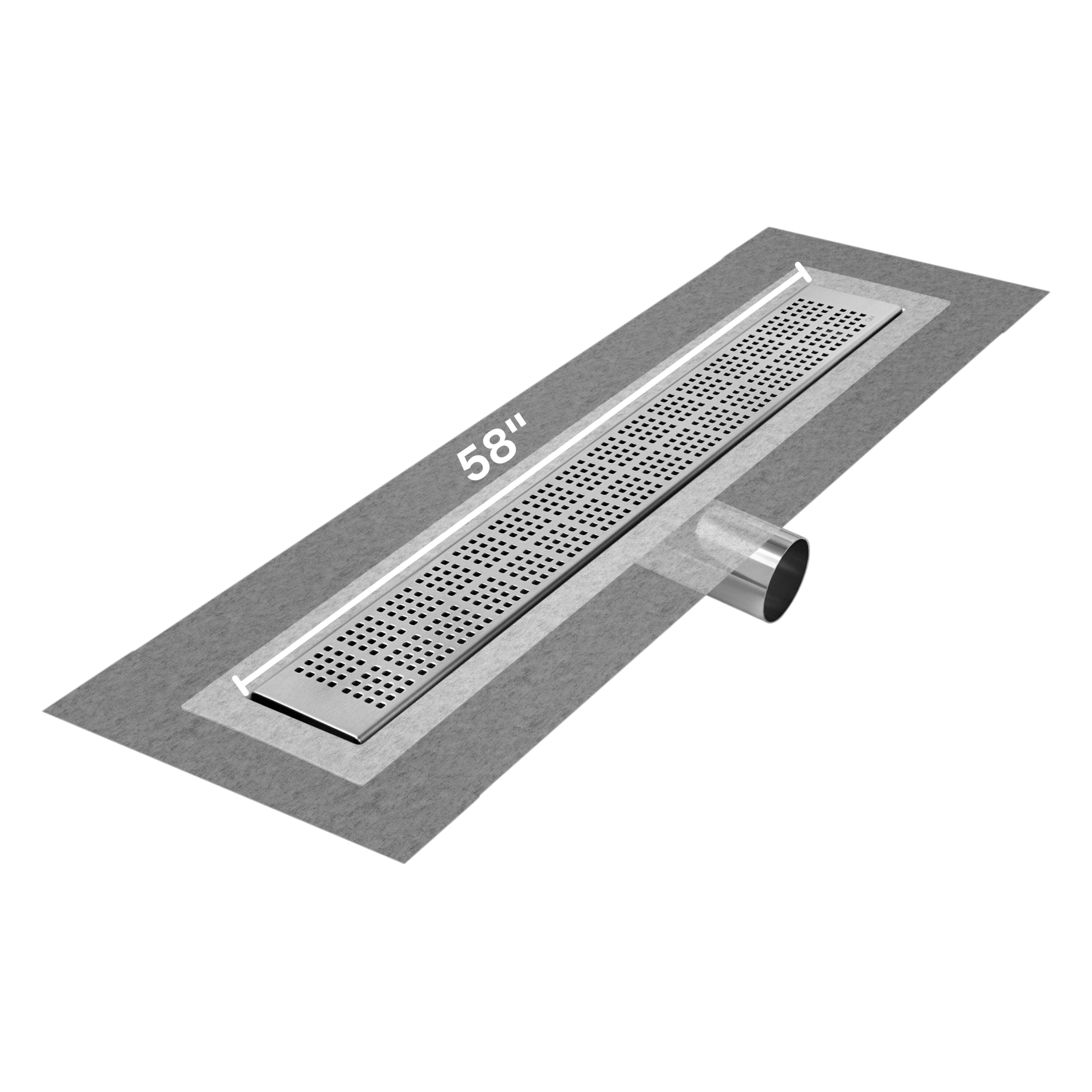 QM Delmar Series. 58" Standard length Side Outlet linear drain. Kai Line. Polished