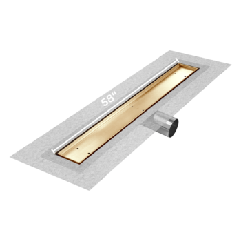 QM Delmar Series. 58" Standard length Side Outlet linear drain. Mist (Tile-in) Line. Gold