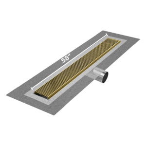 QM Delmar Series. 58″ Standard length Side Outlet linear drain.  Wedgewire Line. Gold