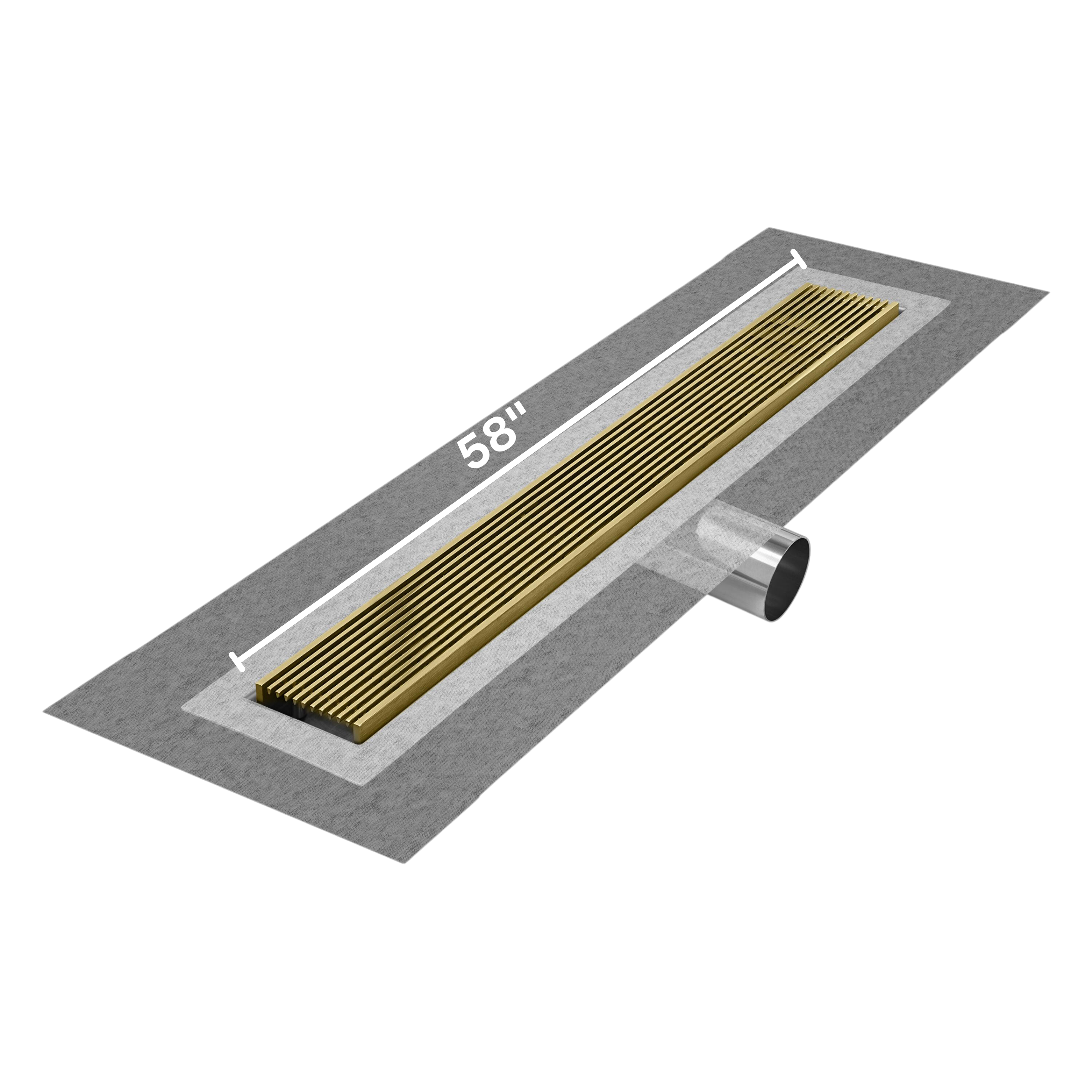 QM Delmar Series. 58" Standard length Side Outlet linear drain.  Wedgewire Line. Gold