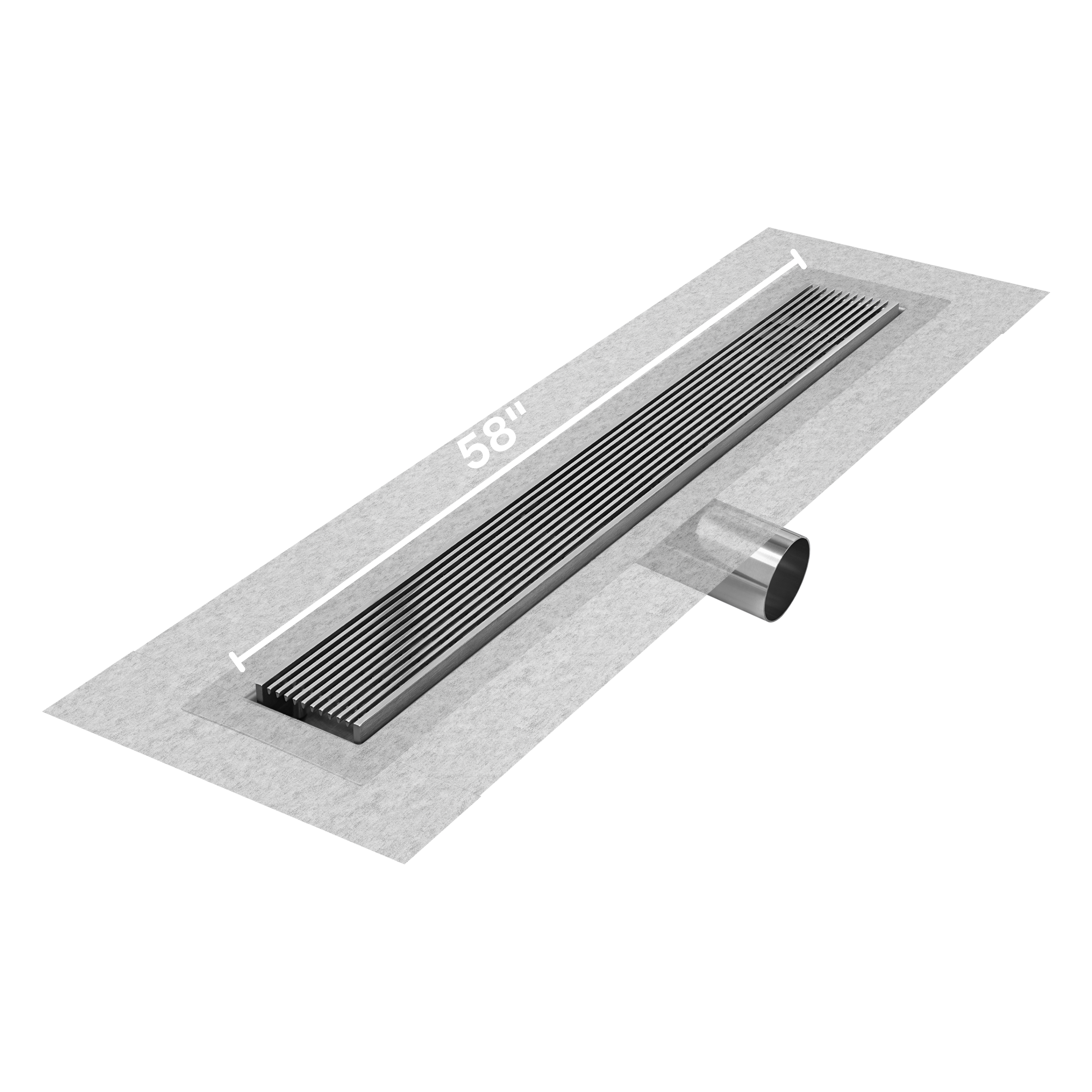 QM Delmar Series. 58" Standard length Side Outlet linear drain. Wedgewire Line. Polished